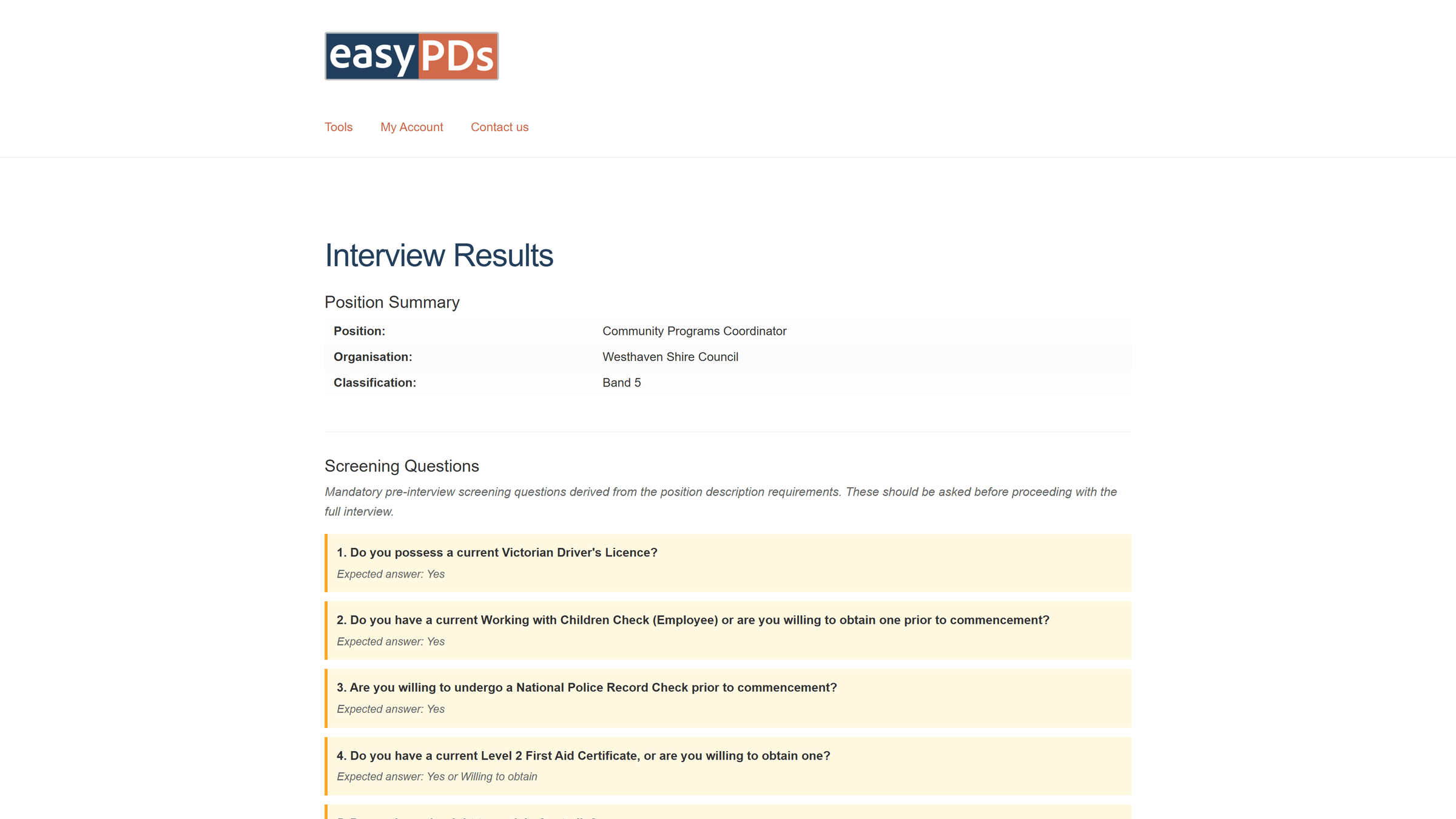 The easyPDs interview pack builder, generated from one position description