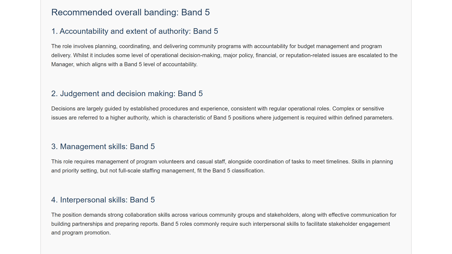 Classification result: the recommended band with each classification criterion assessed in turn