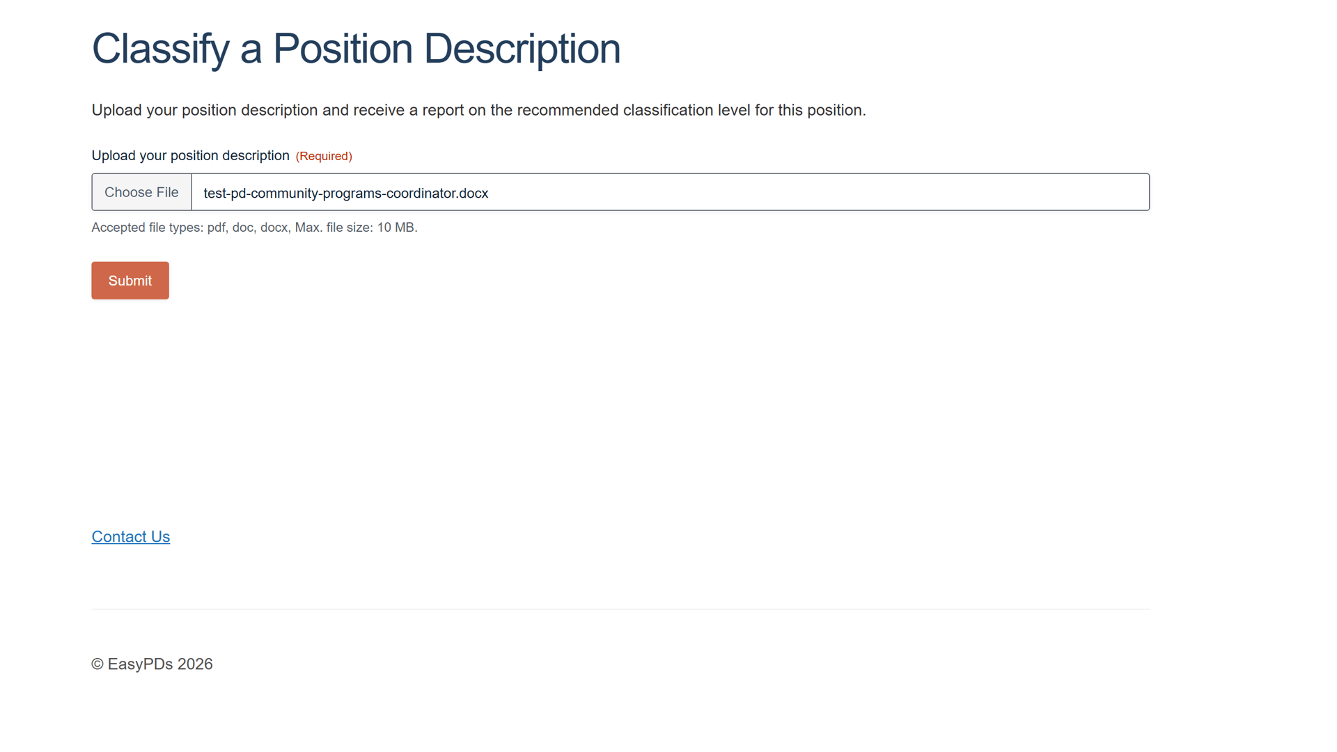 Uploading a position description on the Classify a Position Description screen
