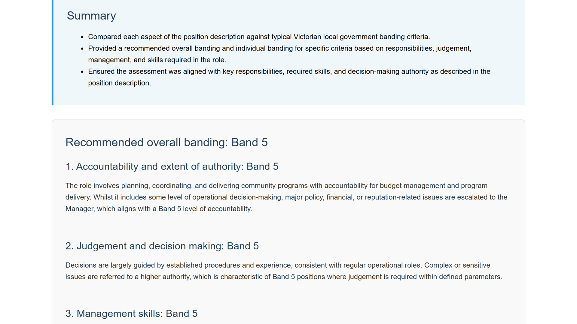easyPDs Classify: a recommended overall banding with justification