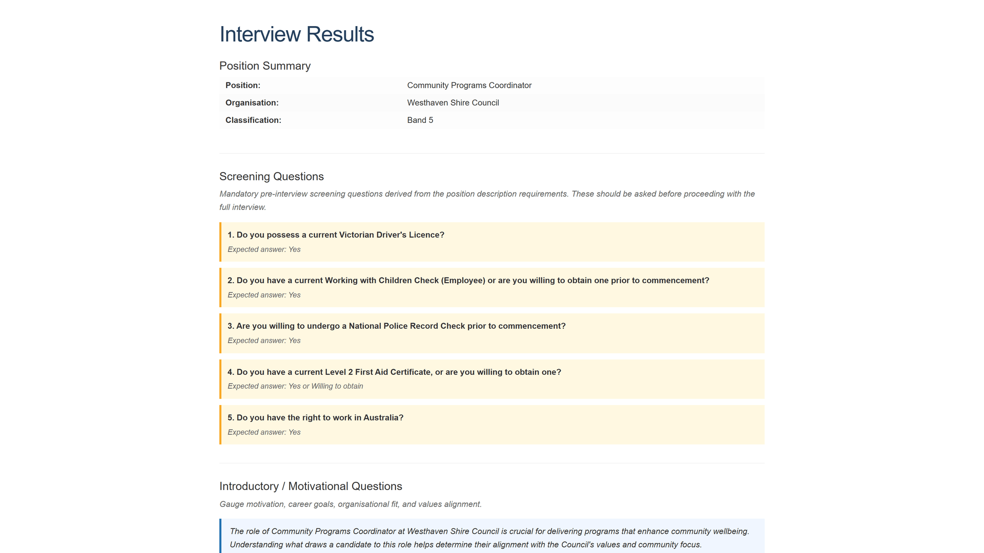 easyPDs Interview Pack: position summary and mandatory screening questions generated from a position description