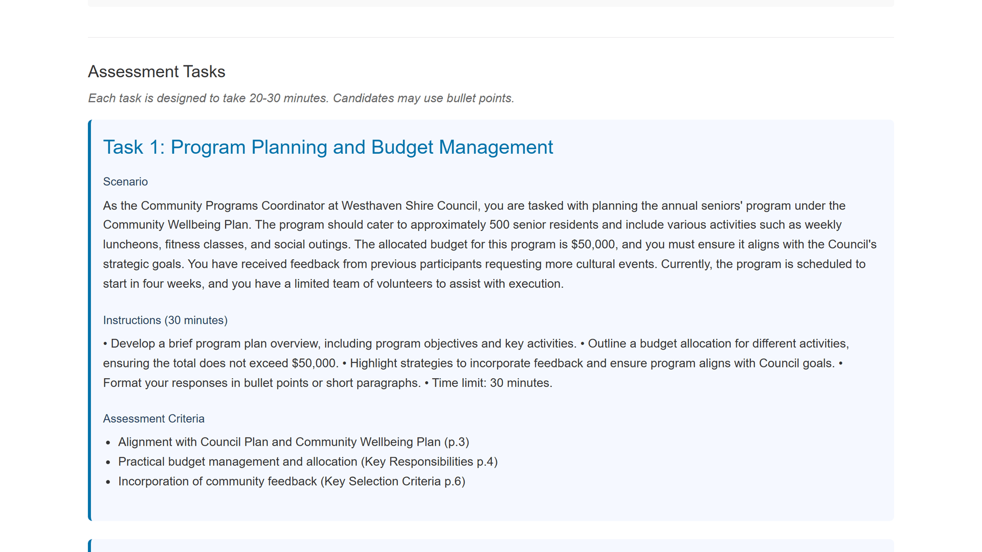 A role-matched assessment task, with its scenario, instructions and assessment criteria
