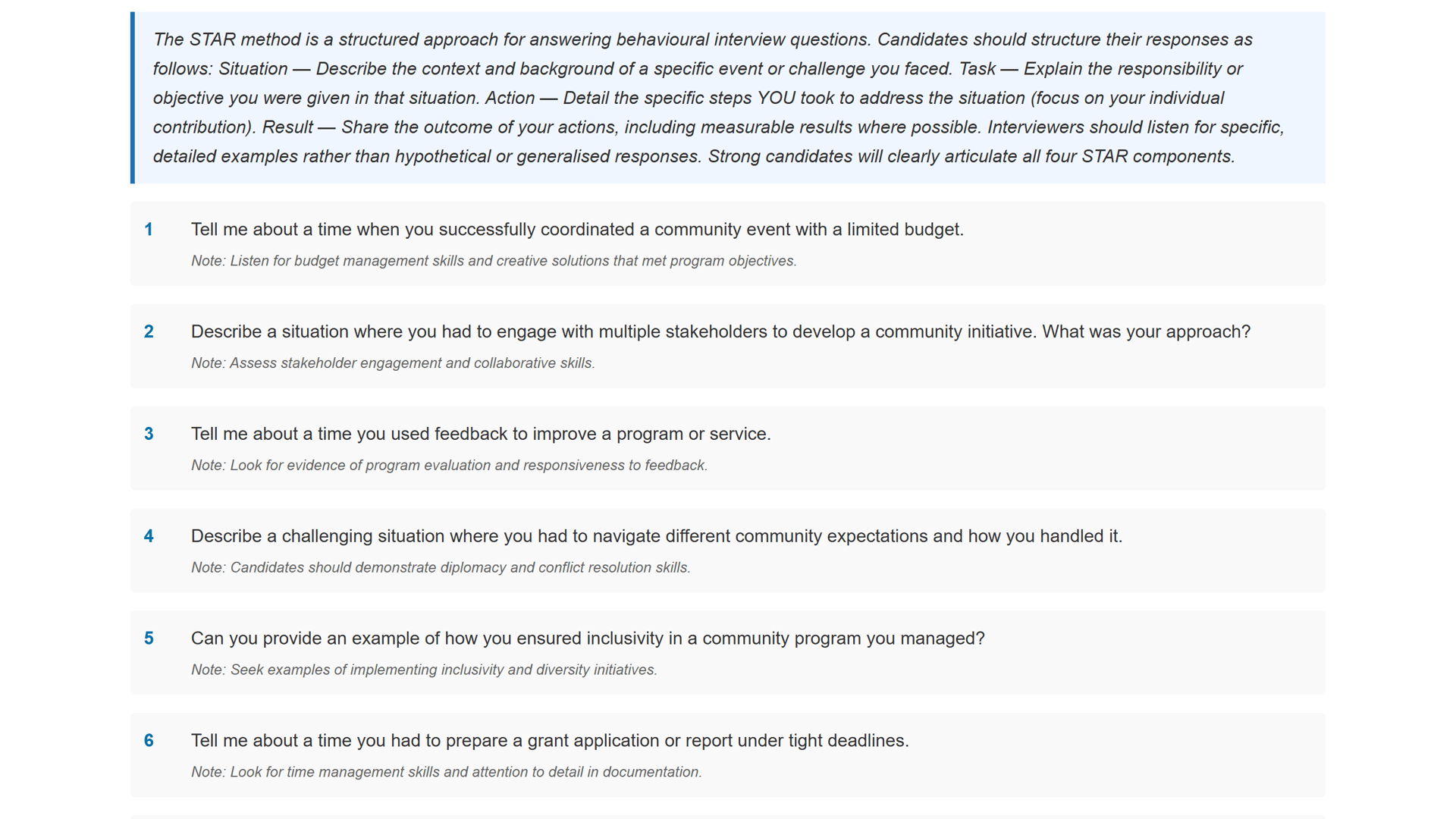 Generated behavioural and STAR-style interview questions, with a STAR-method explanation above them