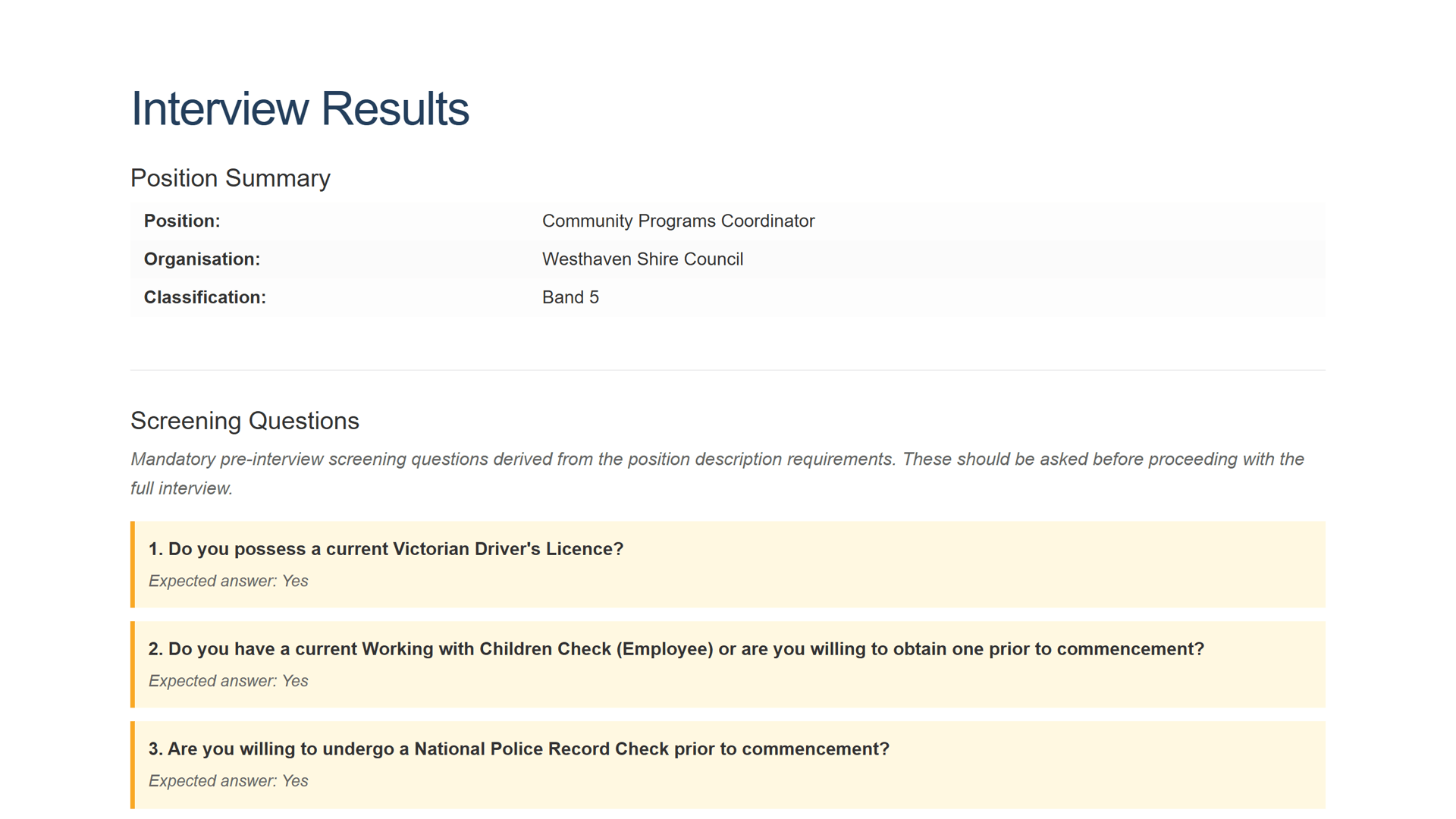 The generated interview pack with the position summary and screening questions, each showing its expected answer