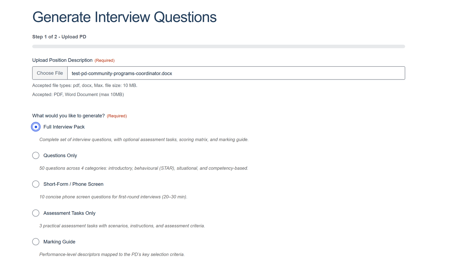 The easyPDs upload screen with a position description chosen and Full Interview Pack selected
