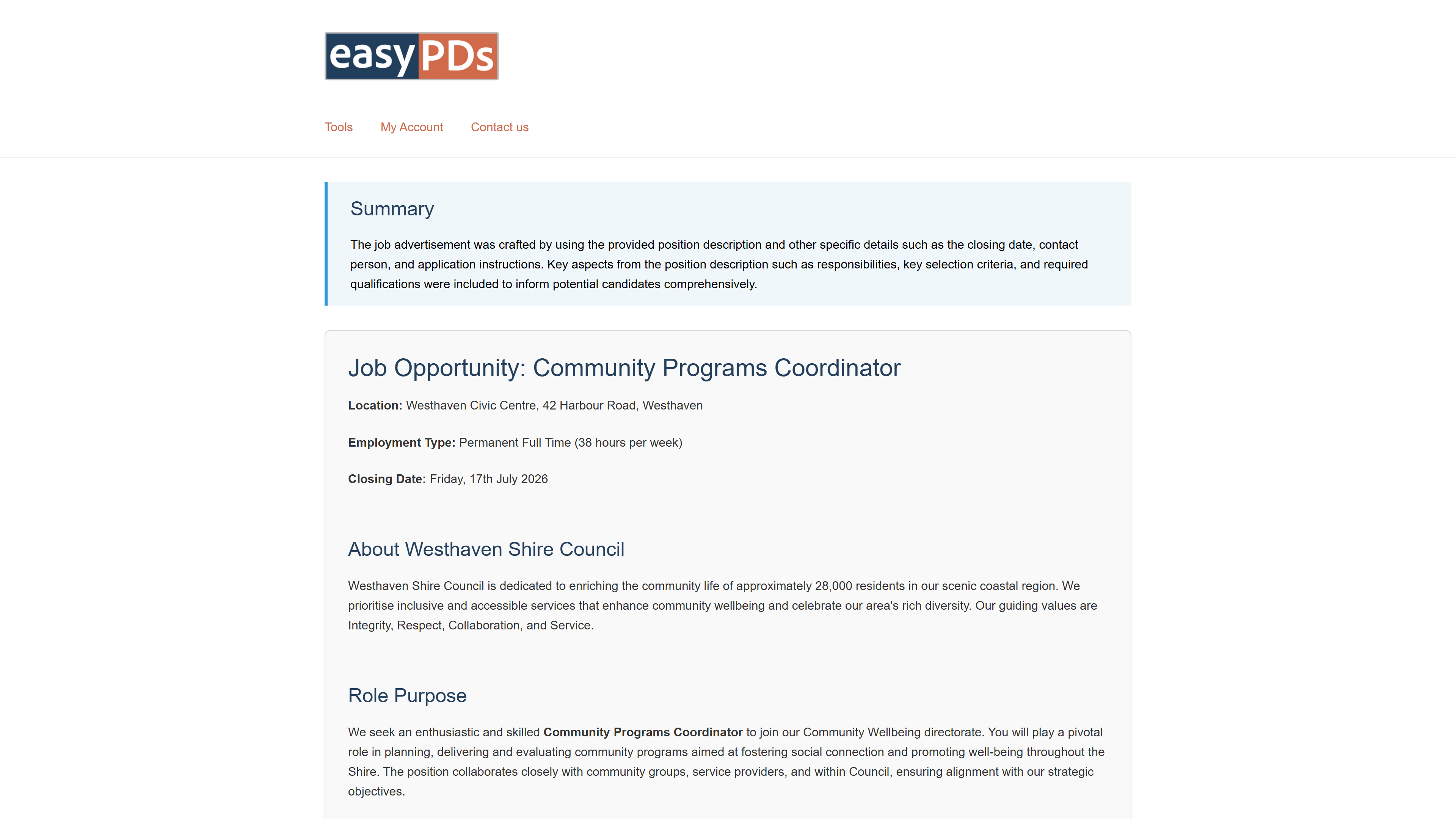 A generated job ad with a summary and the full role details, drafted from the position description