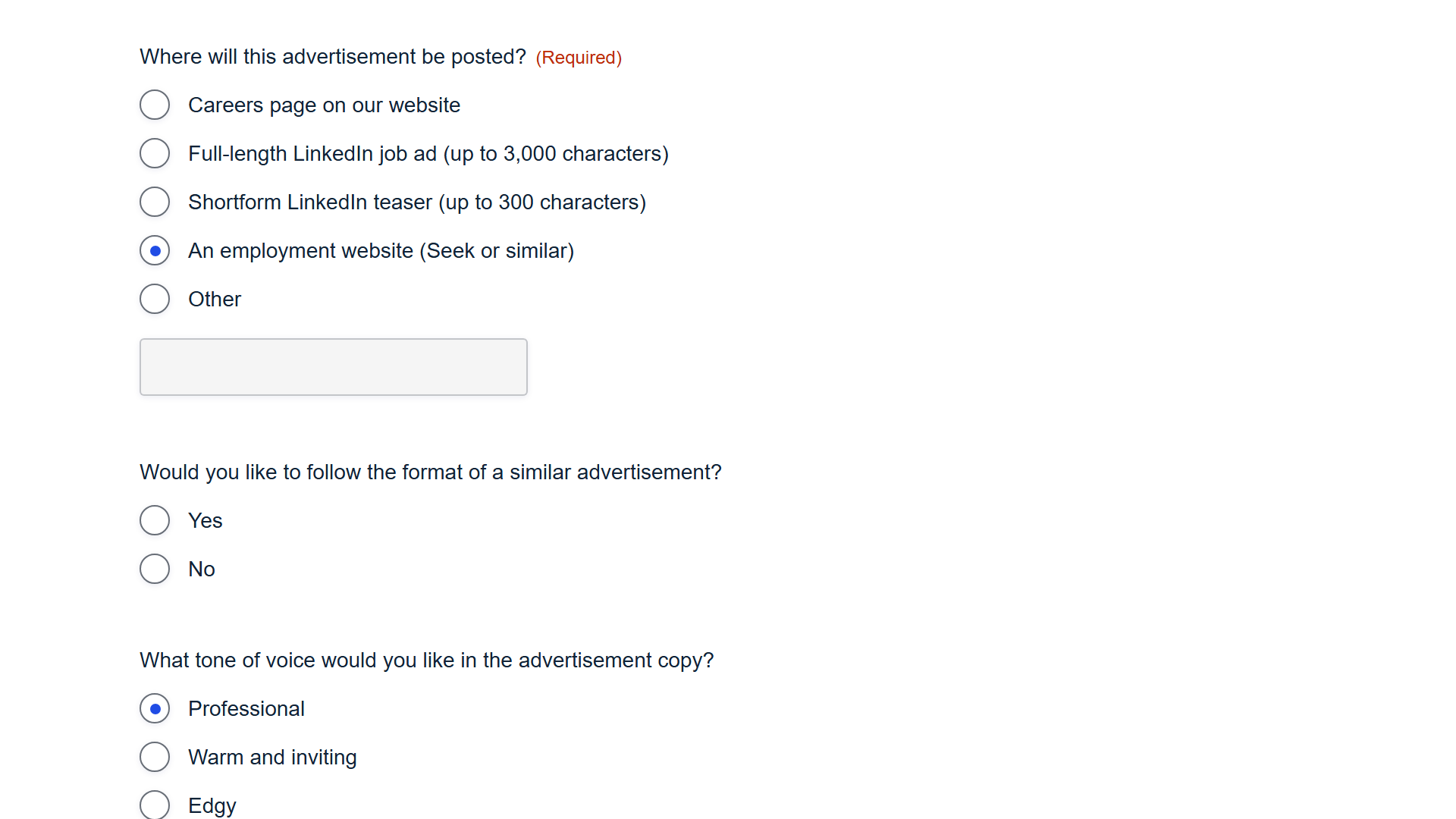 The Job Ad Generator channel picker: careers page, full-length LinkedIn ad, LinkedIn teaser, and Seek