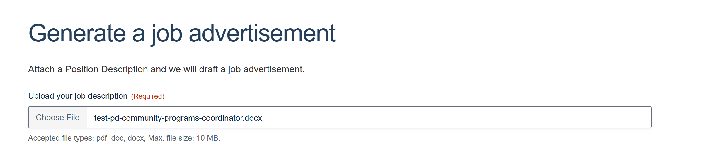 Position description uploaded to the Job Ad Generator, ready to draft an ad