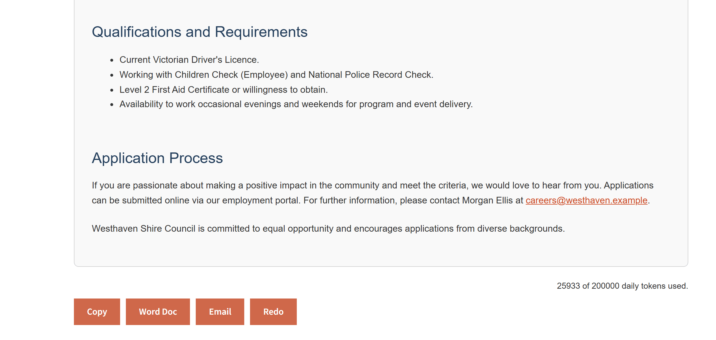 The generated job ad with Copy and Word export options, ready to review and post