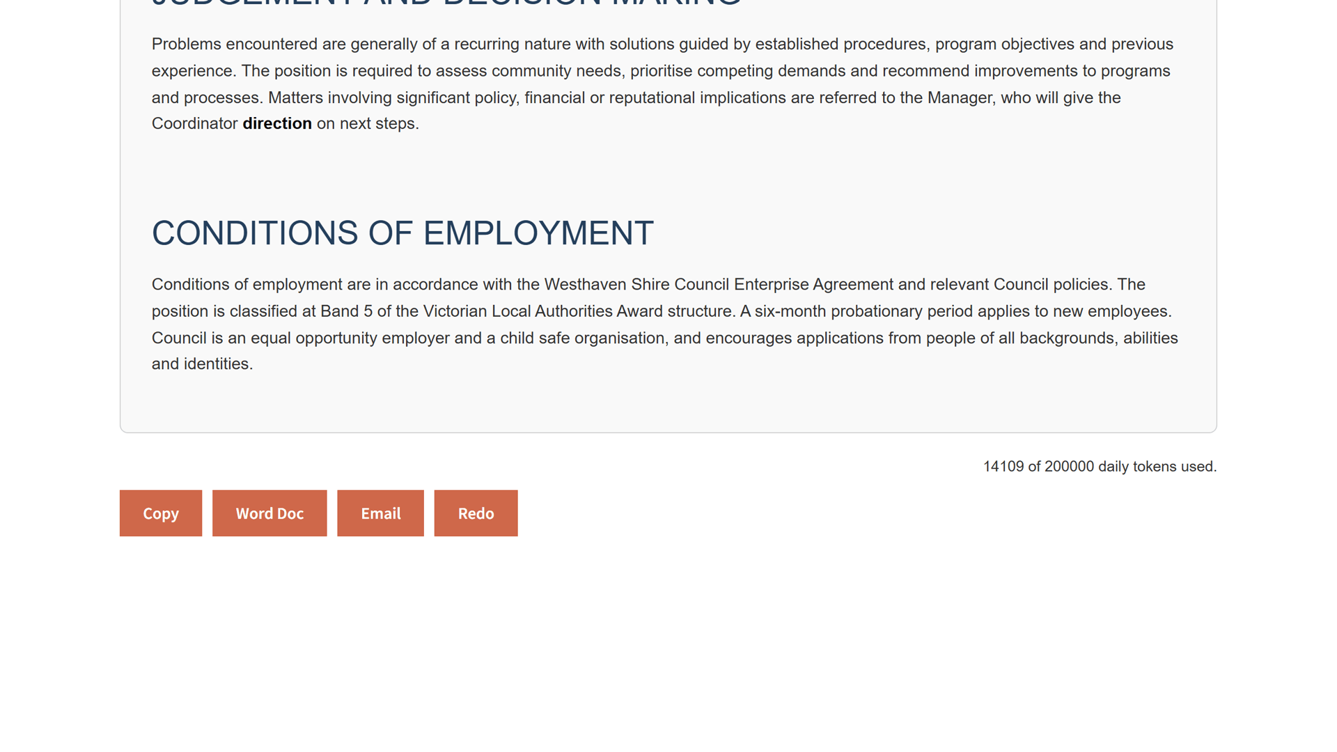 The end of the reviewed position description with the export row offering Copy, Word Doc, and Email