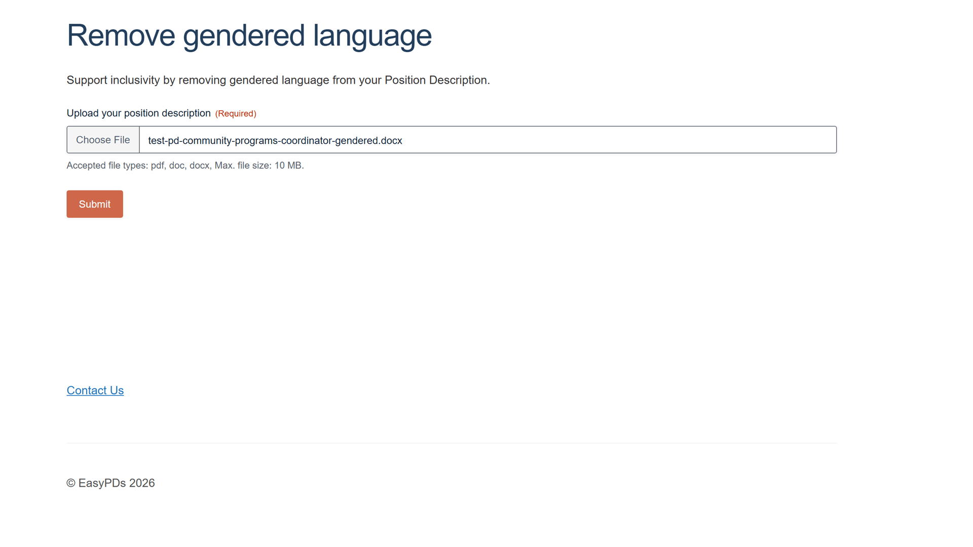 Uploading a position description to the easyPDs Remove gendered language tool and pressing Submit