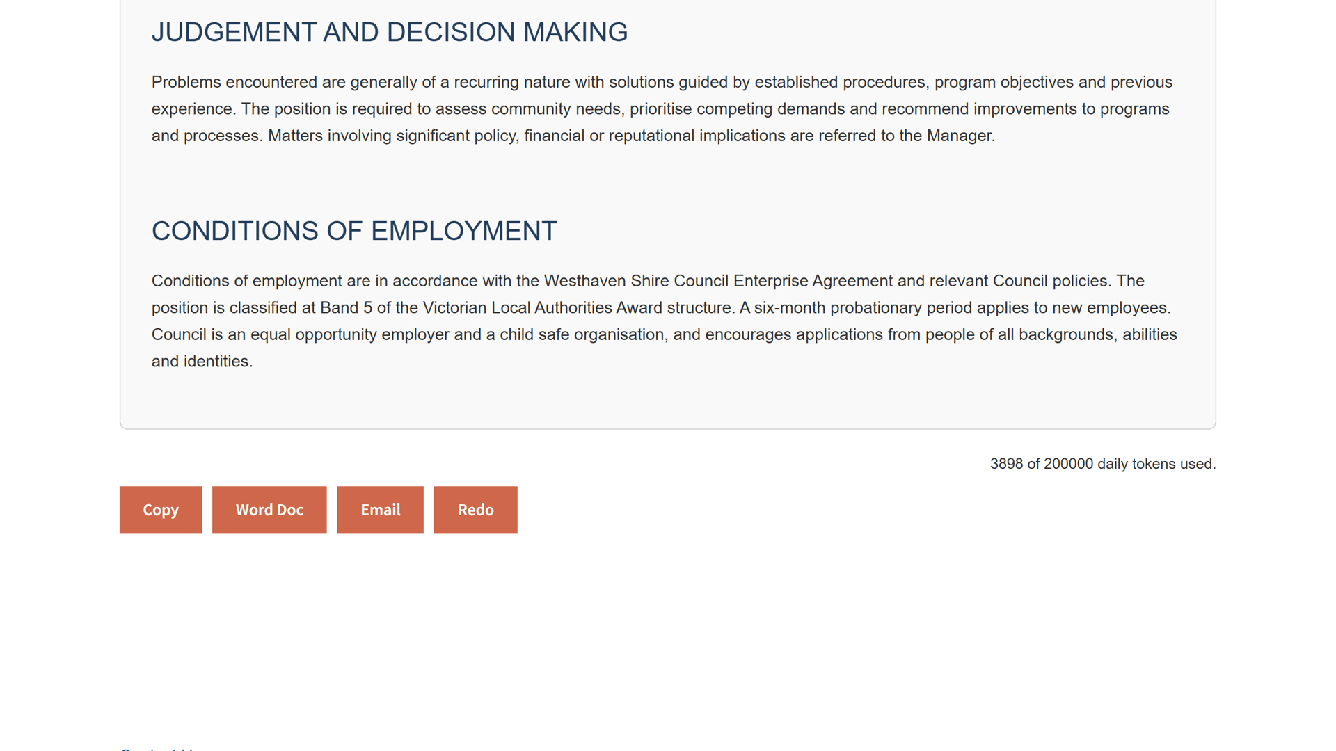 The end of the updated position description above the copy, Word doc, and email export controls