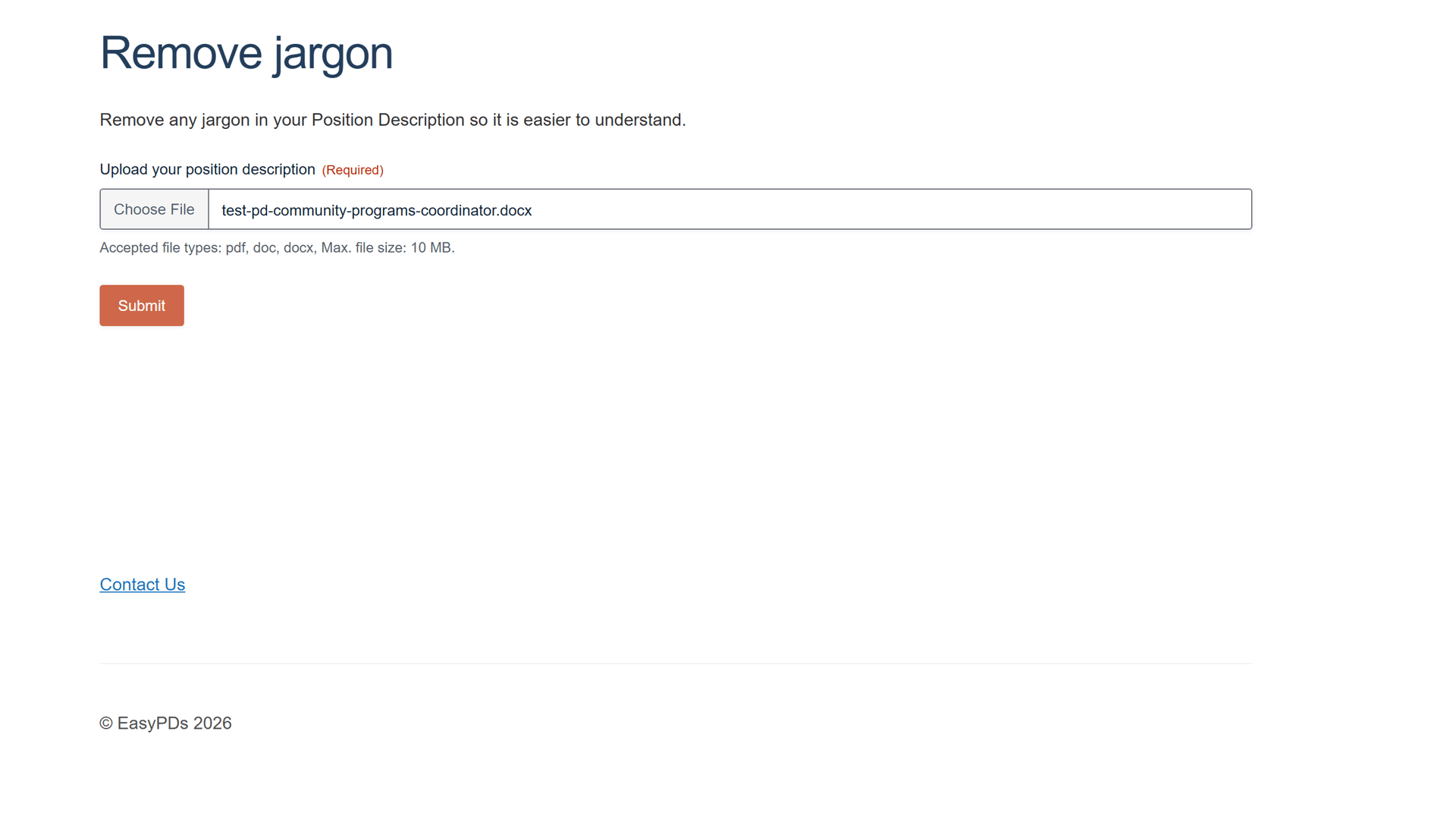 The easyPDs Remove jargon upload screen with a .docx position description chosen and the Submit button