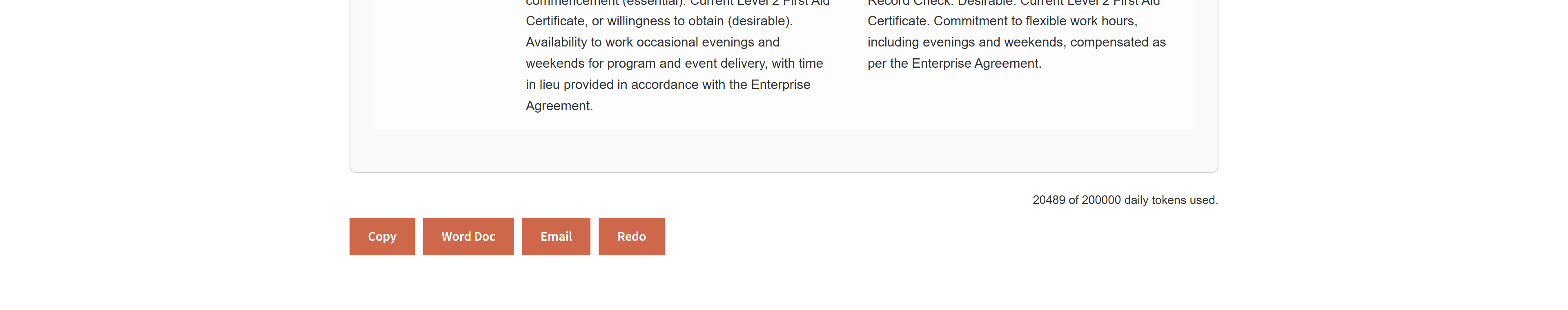 The end of the rebanded position description with Copy, Word Doc, Email and Redo export buttons