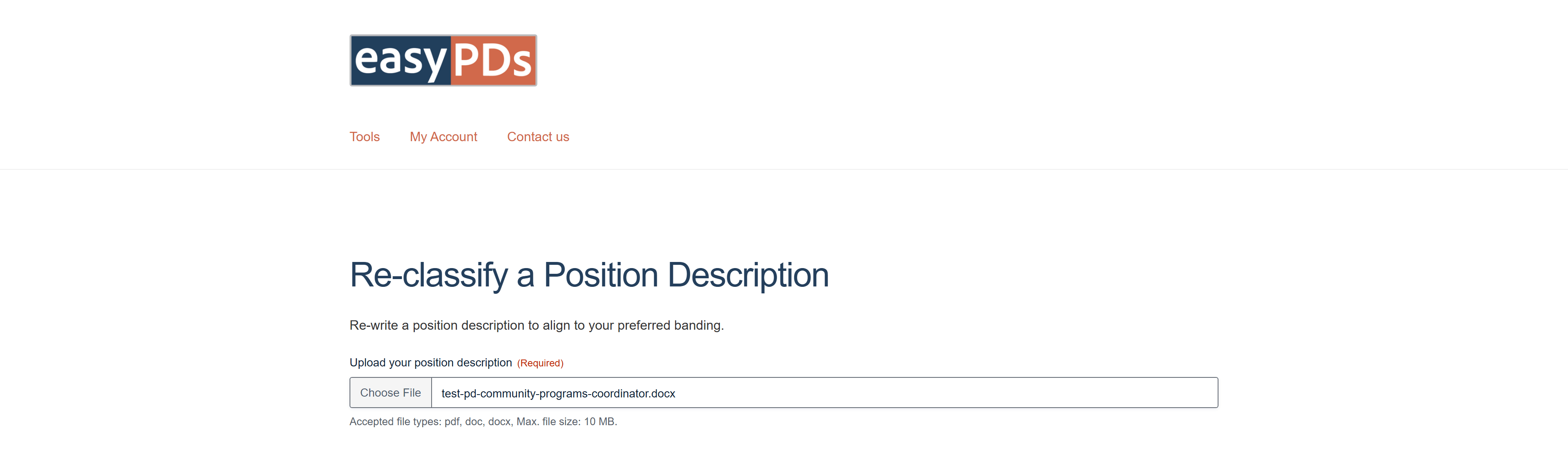 The easyPDs Reband upload screen with a position description (.docx) chosen, ready to submit