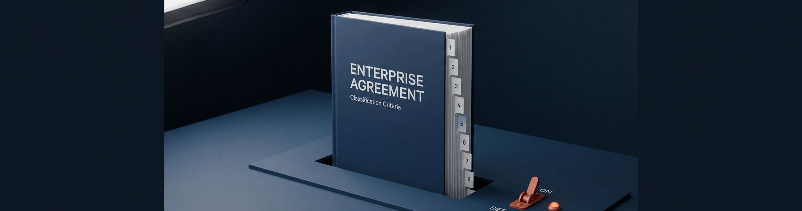 Brand artwork: a navy pay-framework binder with eight numbered tabs seated into a slot in a navy stage, a terracotta SET ONCE toggle flipped to ON beside it - set it once