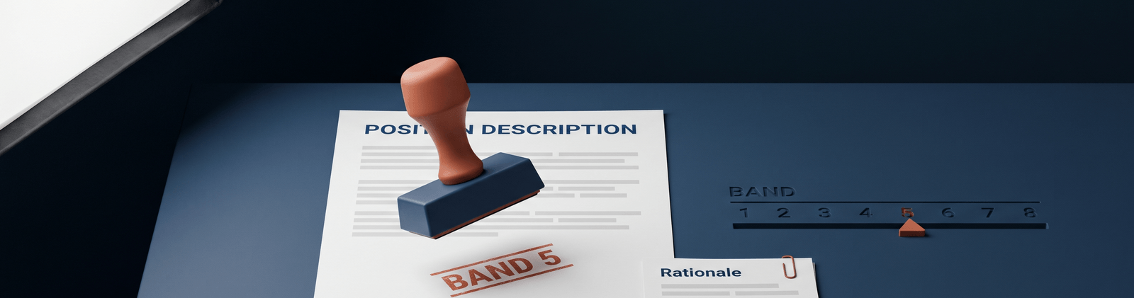Brand artwork: a terracotta hand stamp pressing BAND 5 onto a position description beside an engraved band 1-to-8 gauge with the pointer at five, a Rationale card clipped alongside - the band, decided