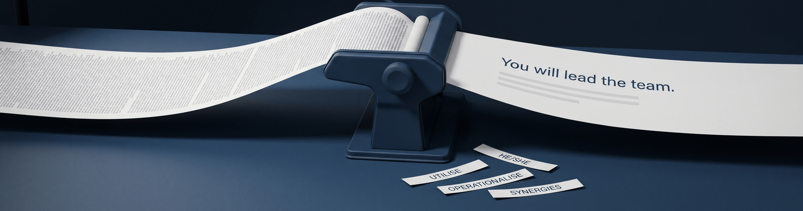 Brand artwork: a navy roller press feeding dense jargon-covered paper through and out as a clean line reading 'You will lead the team.', trimmed offcuts labelled UTILISE, OPERATIONALISE and SYNERGIES scattered below - jargon out
