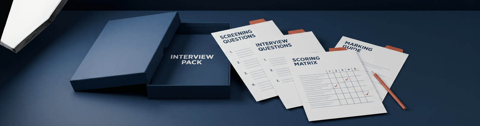 Brand artwork: a navy box lid lifted off an INTERVIEW PACK with four tabbed documents fanned out - screening questions, interview questions, scoring matrix, marking guide - and a terracotta pencil - ready to hand over