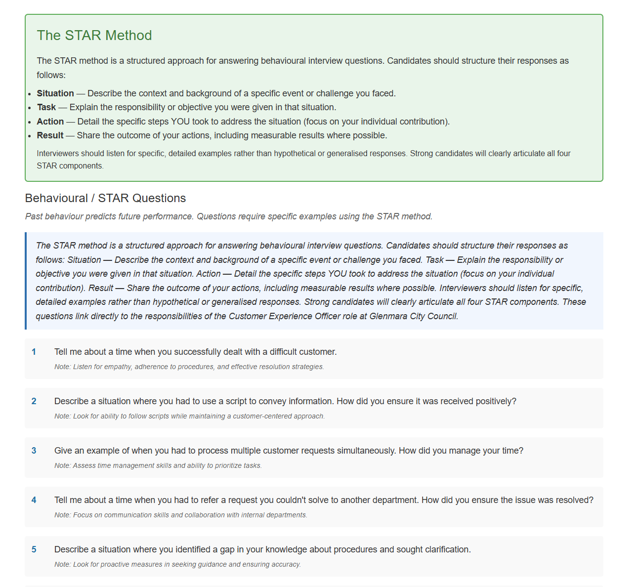 Behavioural questions using the STAR method