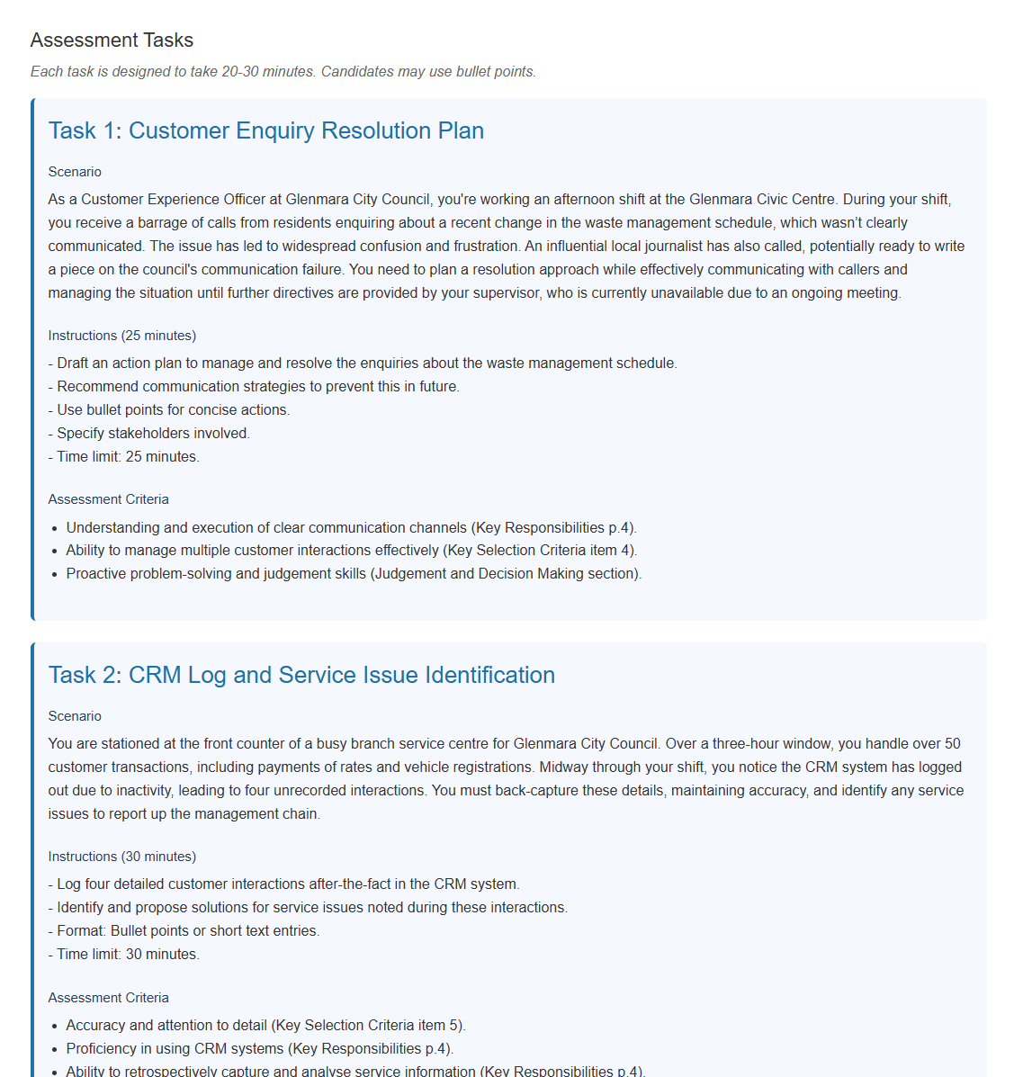 Assessment tasks from the PD's key responsibilities